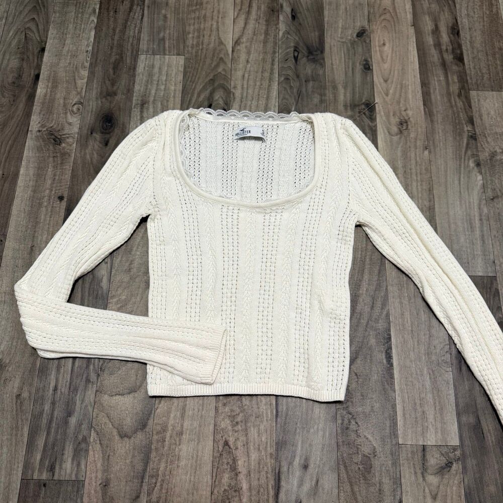 Hollister Cream Open Knit Lace Trim Cable Scoop Neck Cropped Long Sleeve Top S